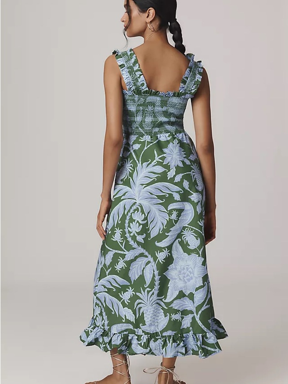 FARM Rio Tropical Swing smocked  Green  Dress with Light Blue Floral Print M - Picture 3 of 7